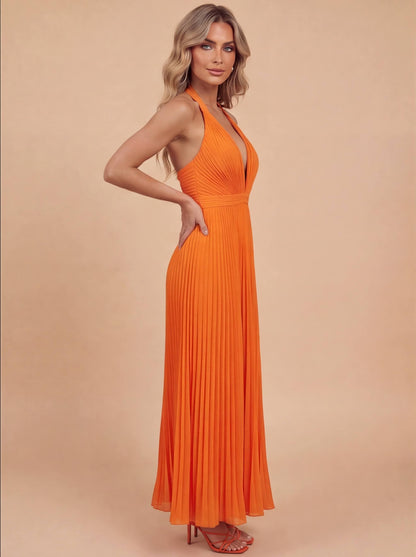 Elegante Maxikleid für Damen – Plissiertes Abendkleid mit Neckholder & tiefem V-Ausschnitt