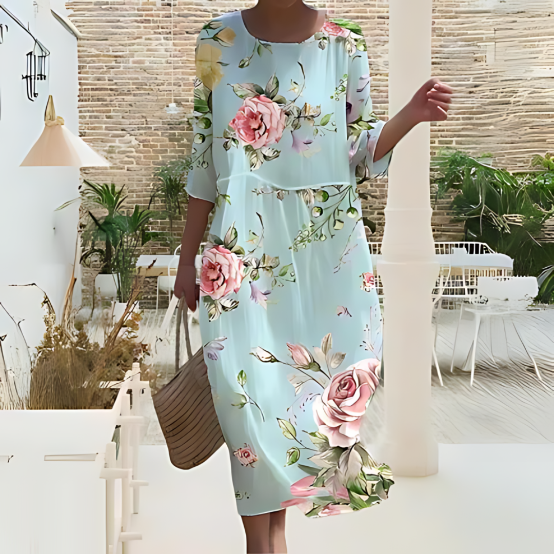 Briselle - Abito Maxy Elegante e Leggero con Stampa Floreale e Maniche a Tre Quarti