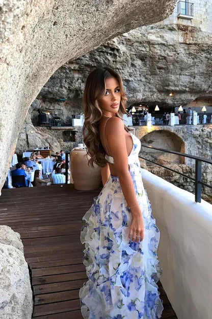 Capucine - Abito estivo con fiori per donne, senza maniche, con profondo scollo a V