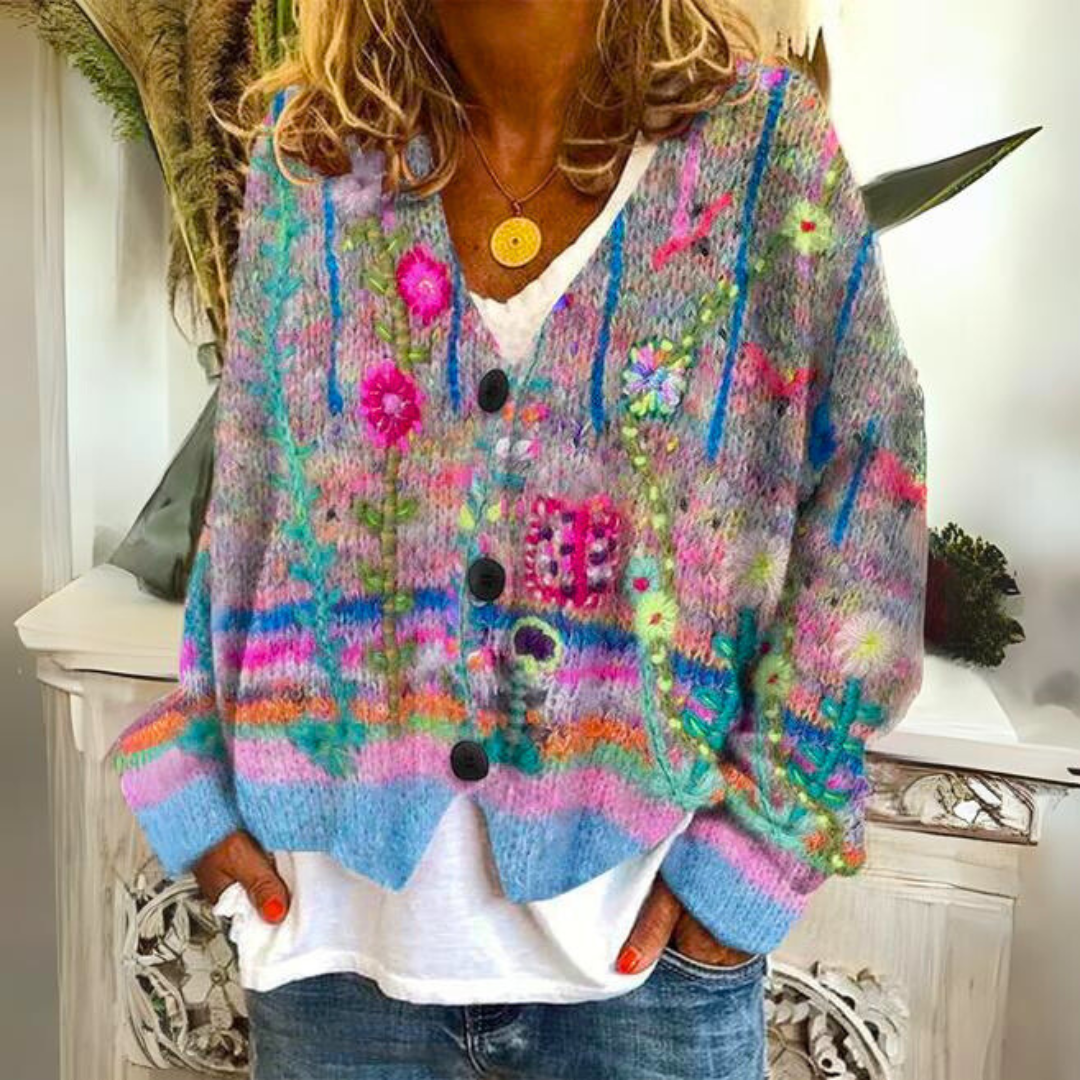 Giacca a maglia Boho per donne con motivo floreale colorato – Cardigan morbido con scollo a V per look quotidiani eleganti