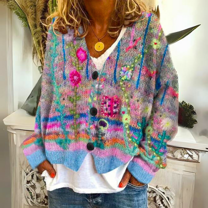 Giacca a maglia Boho per donne con motivo floreale colorato – Cardigan morbido con scollo a V per look quotidiani eleganti