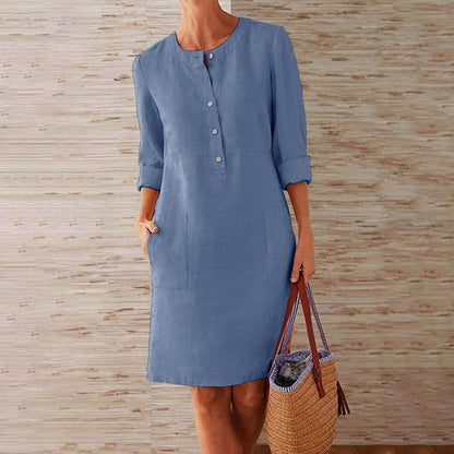 Abito midi con bottoni per donne – Abito casual con tasche e maniche 3/4