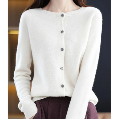 Bérélie - Cardigan da donna con scollo a barca in pura lana merino, stile cashmere, monocolore