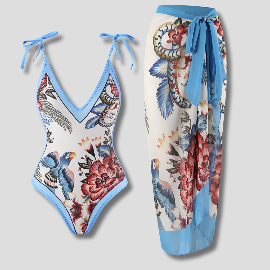 Set costume da bagno con pareo – stampa tropicale e elegante outfit da spiaggia per donne