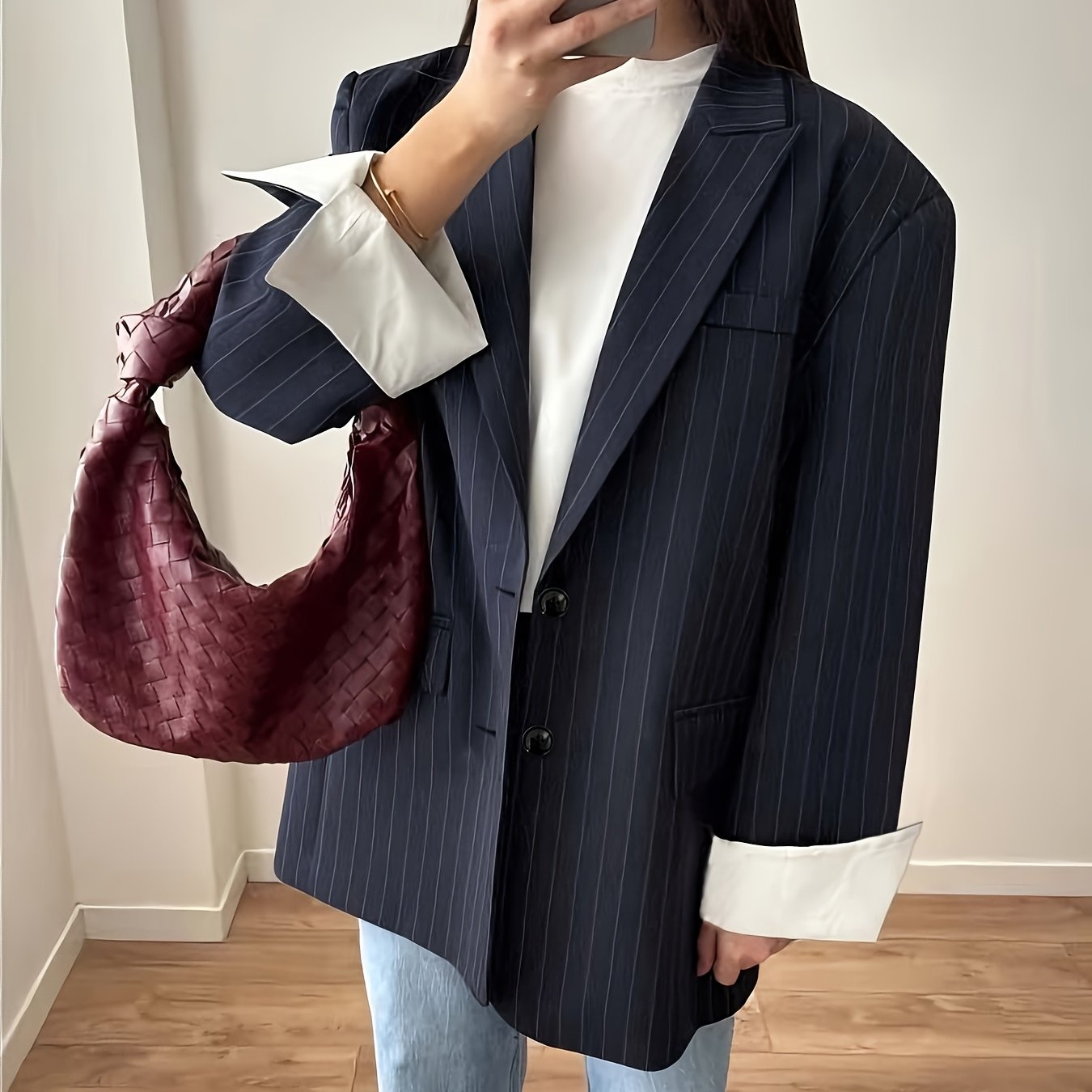 Alixane - Blazer Oversize a righe Blu Scuro per Donne con Bottoni – Giacca Primaverile