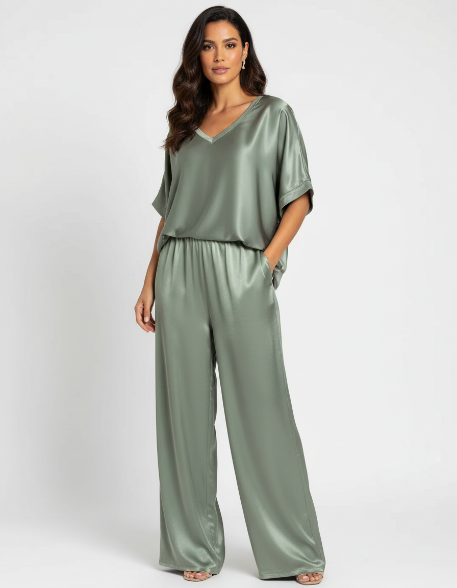 Elegante Set in Satin a Due Pezzi con Blusa a V per Donne e Pantaloni Larghi – Outfit Casual
