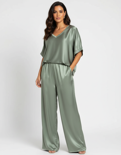 Elegante Set in Satin a Due Pezzi con Blusa a V per Donne e Pantaloni Larghi – Outfit Casual