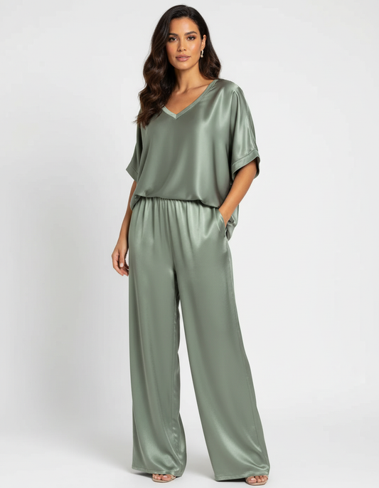 Elegante Set in Satin a Due Pezzi con Blusa a V per Donne e Pantaloni Larghi – Outfit Casual