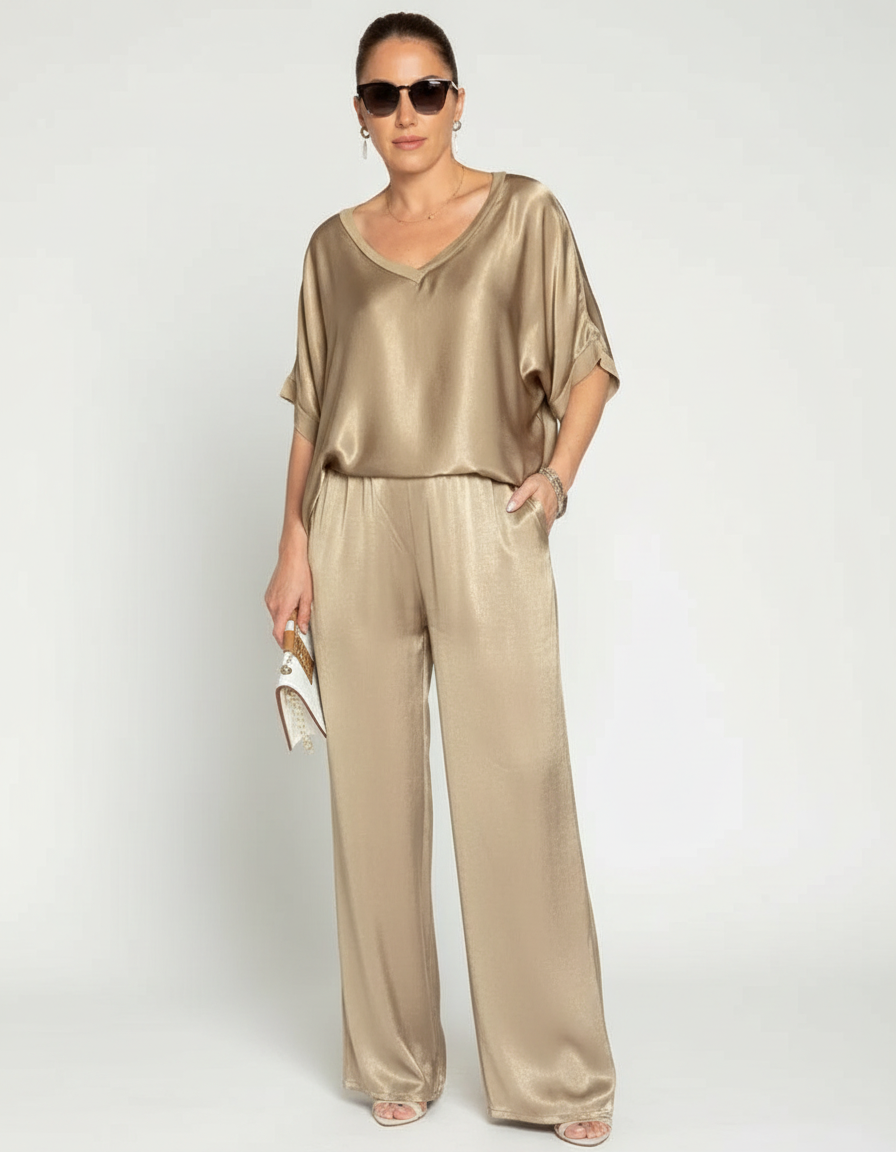 Elegante Set in Satin a Due Pezzi con Blusa a V per Donne e Pantaloni Larghi – Outfit Casual