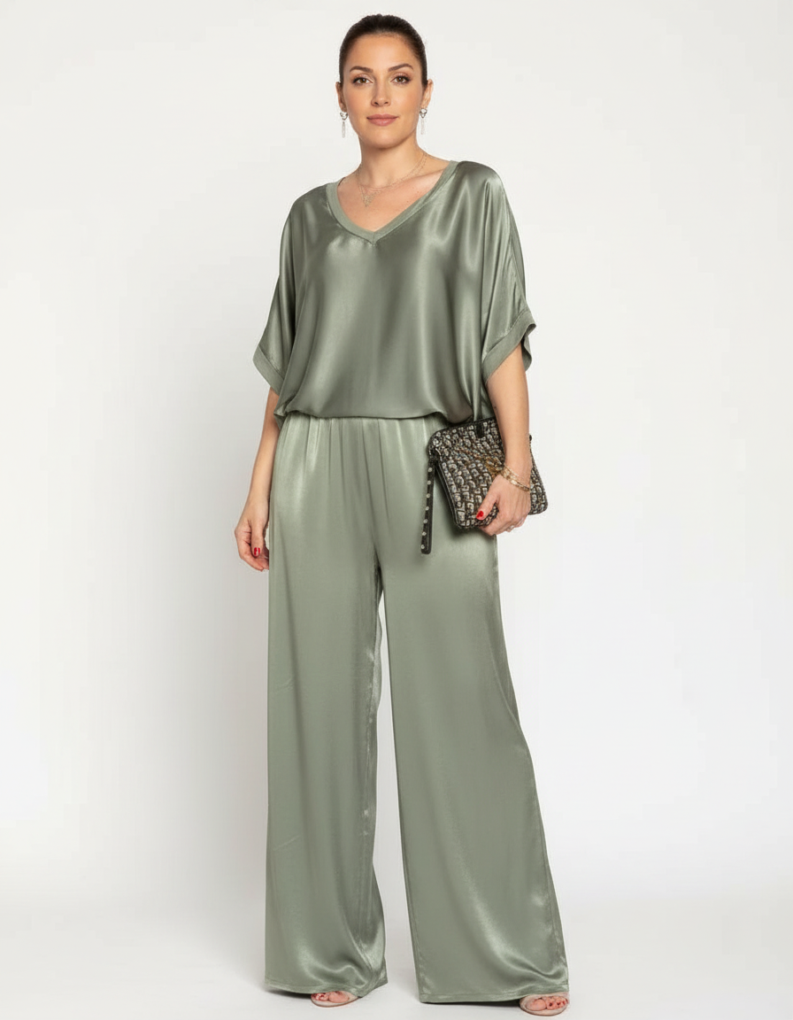 Elegante Set in Satin a Due Pezzi con Blusa a V per Donne e Pantaloni Larghi – Outfit Casual