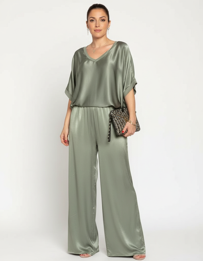 Elegante Set in Satin a Due Pezzi con Blusa a V per Donne e Pantaloni Larghi – Outfit Casual