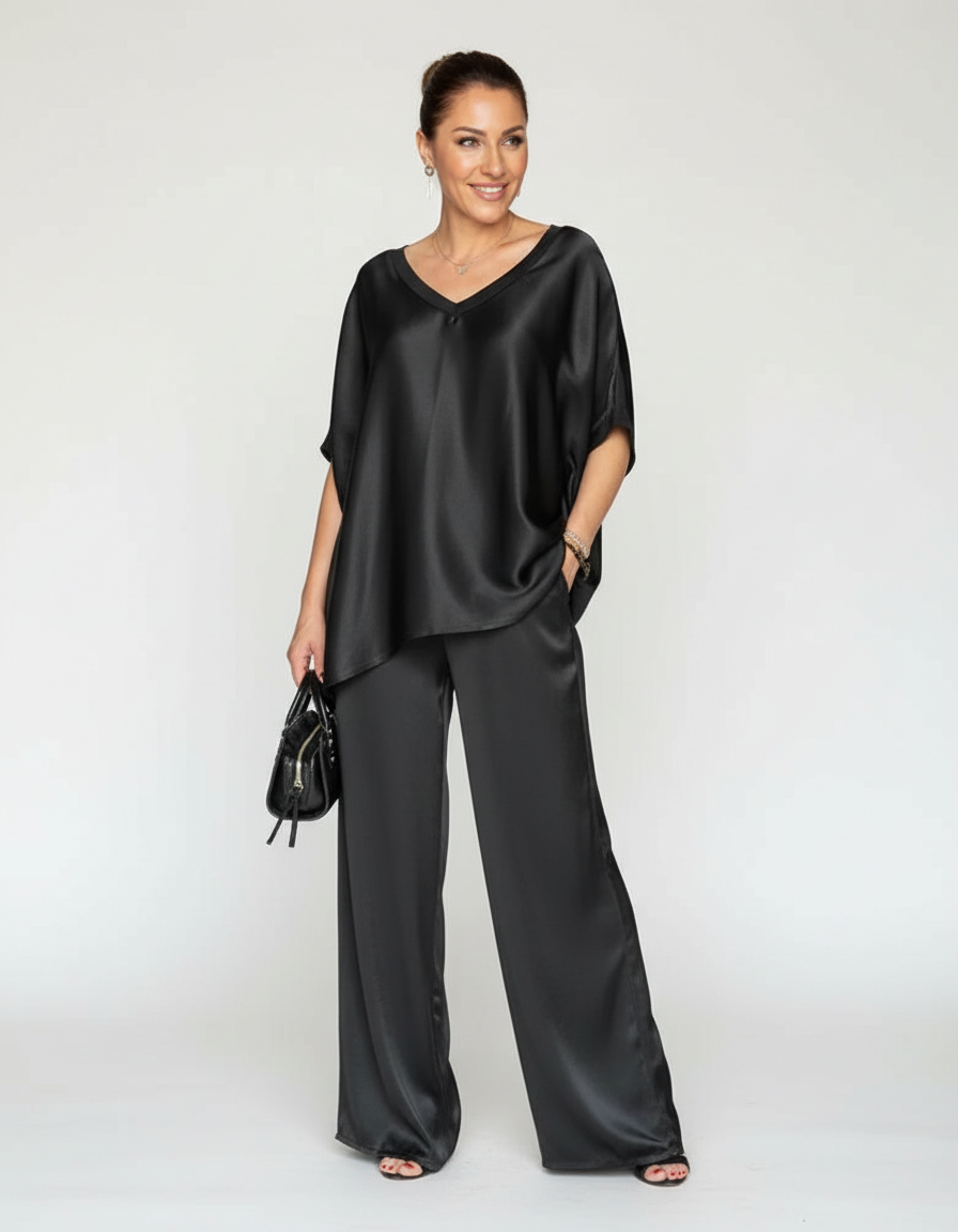 Elegante Set in Satin a Due Pezzi con Blusa a V per Donne e Pantaloni Larghi – Outfit Casual