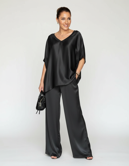 Elegante Set in Satin a Due Pezzi con Blusa a V per Donne e Pantaloni Larghi – Outfit Casual