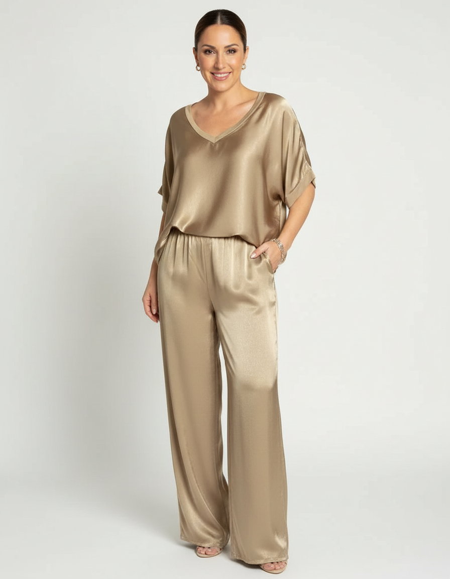 Elegante Set in Satin a Due Pezzi con Blusa a V per Donne e Pantaloni Larghi – Outfit Casual