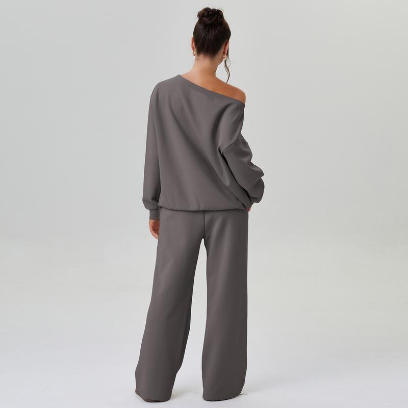 Set Lounge da Donna Casual con Sweatshirt a Spalla Scoperta – Comodo Due Pezzi con Pantaloni Larghi