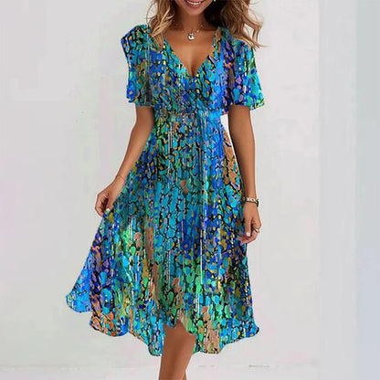 Elegante vestito avvolgente con stampa floreale per donne – Leggero vestito midi in chiffon con maniche a volant