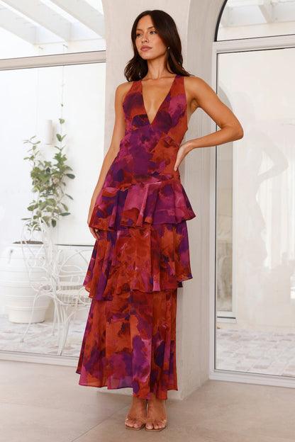Abito Maxi Fluttuante con Volant e Profondo Scollatura a V per Donne – Elegante Abito Estivo con Dettaglio sulla Schiena