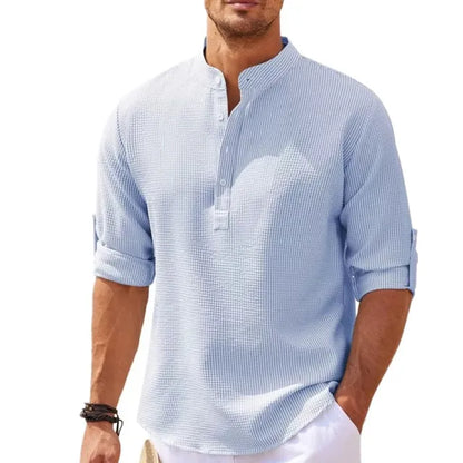 Camicia Henley con struttura a nido d'ape leggera per uomini – Camicia casual traspirante con colletto alto