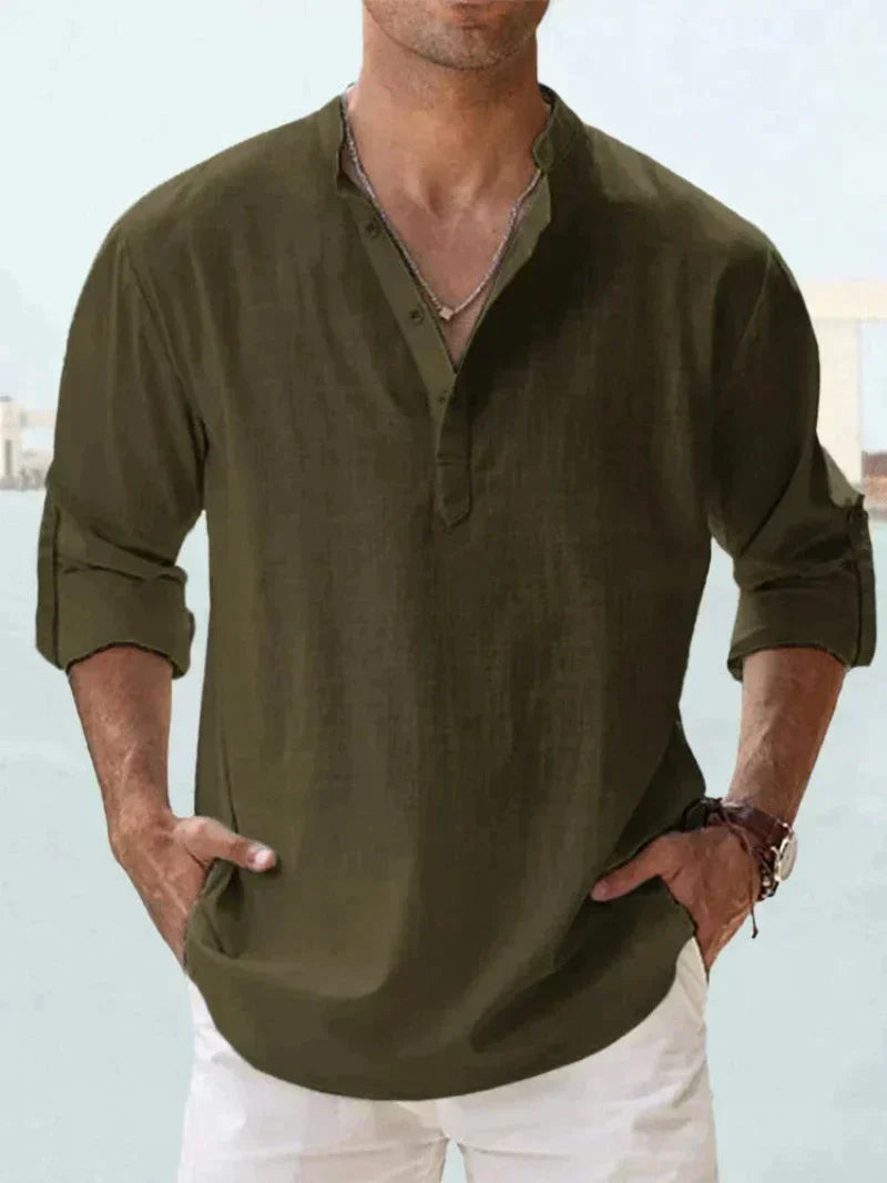 Camicia leggera in lino per uomo con colletto alto – Camicia a maniche lunghe leggera per la vita quotidiana e l'estate