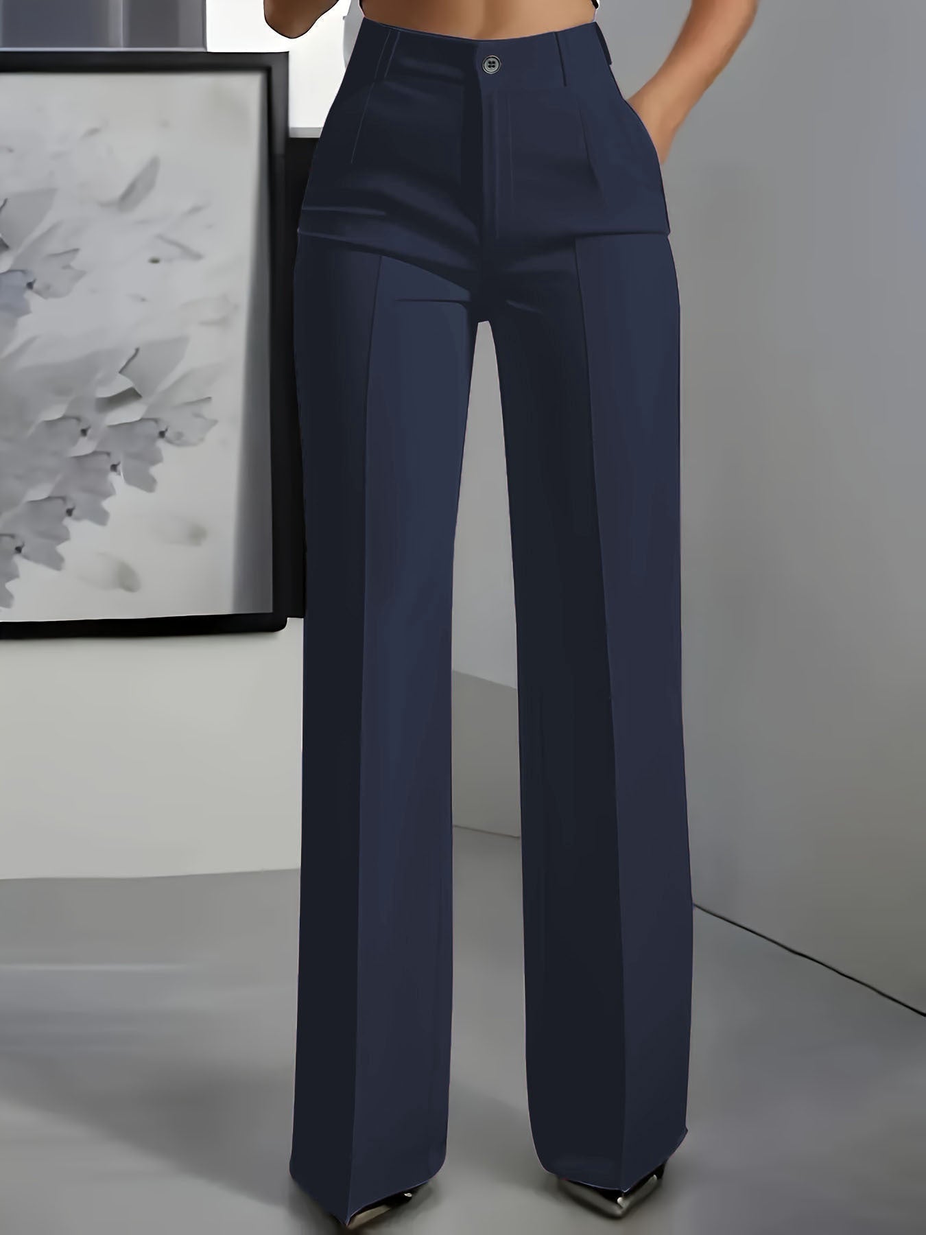 Elegante pantalone in tessuto a vita alta per donne – Pantalone business ampio con gamba dritta
