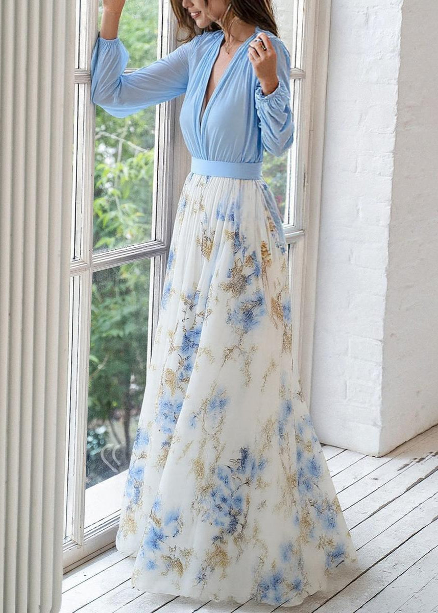 Elegante Maxikleid con stampa floreale per donne – Abito in chiffon fluido con profondo scollo a V