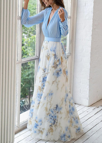 Elegante Maxikleid con stampa floreale per donne – Abito in chiffon fluido con profondo scollo a V