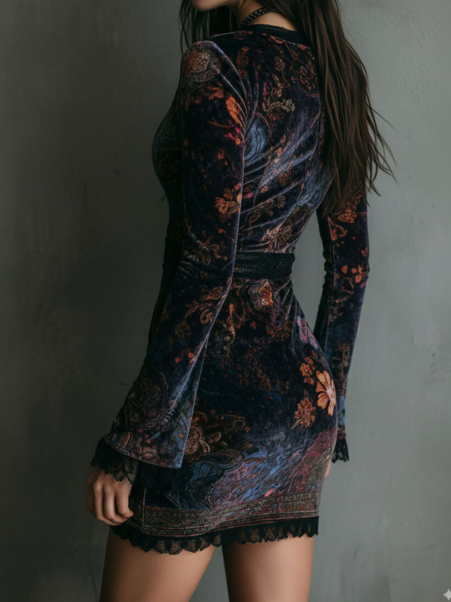 Bavelle - Mini-abito in velluto con motivo floreale Boho, scollo a V e pizzo