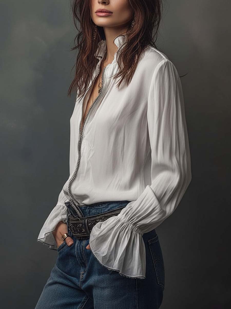 Ambréline - Blusa Bianca Romantica per Donne con Maniche Lunghe e Ampie
