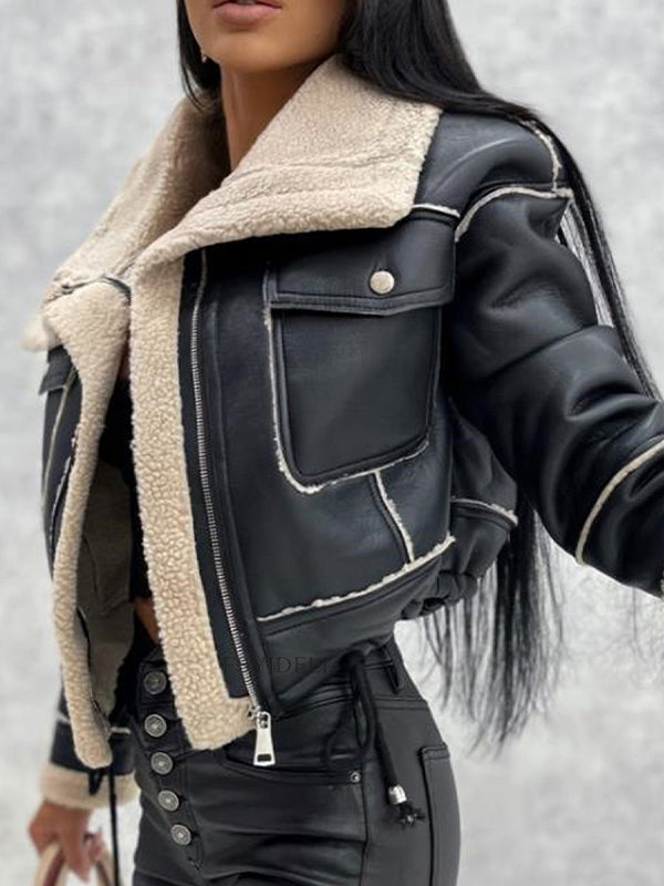 Aubrée - Giacca primaverile elegante e femminile in ecopelle con fodera in peluche, tasche con zip e colletto