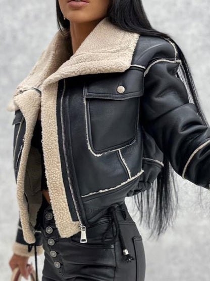 Aubrée - Giacca primaverile elegante e femminile in ecopelle con fodera in peluche, tasche con zip e colletto