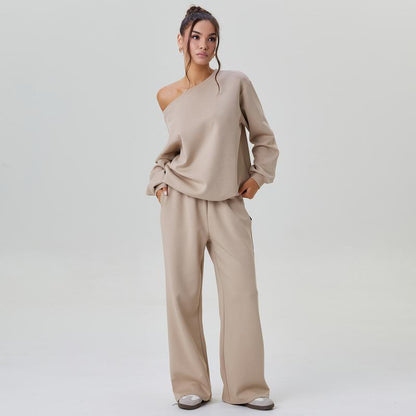 Set da lounge donna alla moda con felpa a spalla unica – Comodo due pezzi con pantaloni larghi