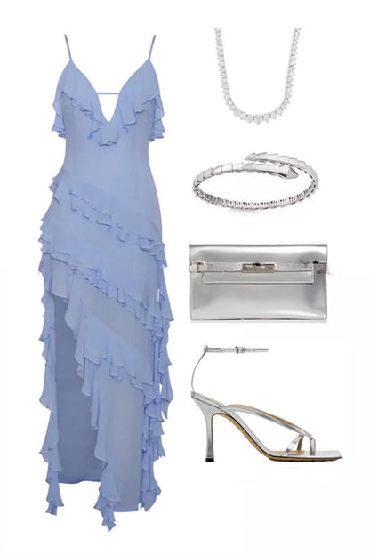 Amélie - Abito estivo asimmetrico blu cielo in chiffon con volant sovrapposti, spalline sottili e spacco