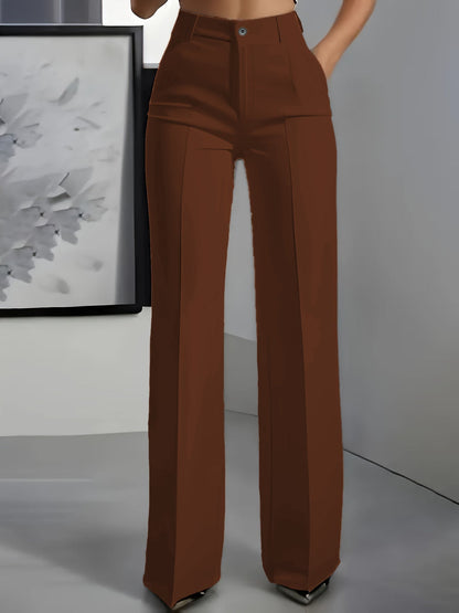 Elegante pantalone in tessuto a vita alta per donne – Pantalone business ampio con gamba dritta