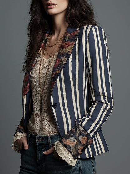 Oréliane - Blazer Vintage Aderente in Boho-Chic con Fiori e Strisce per Donne