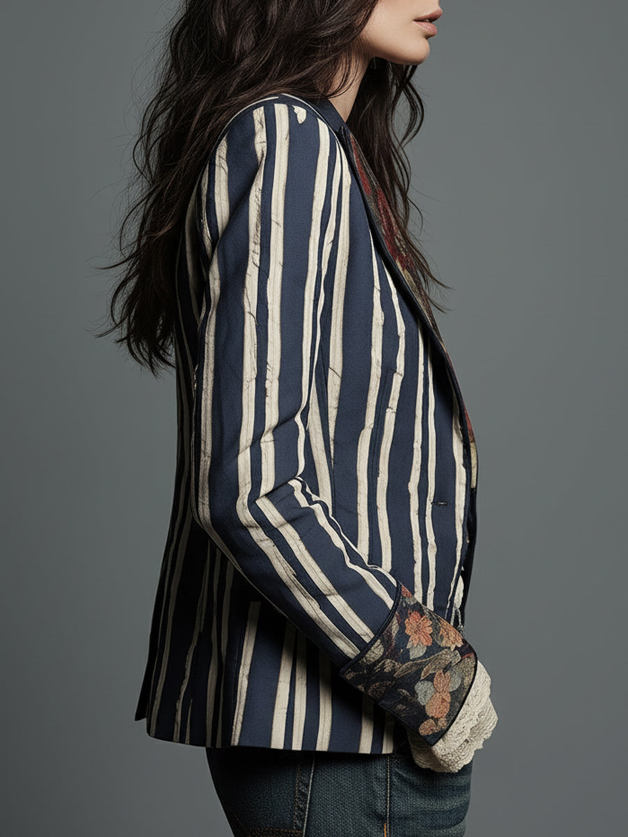 Oréliane - Blazer Vintage Aderente in Boho-Chic con Fiori e Strisce per Donne