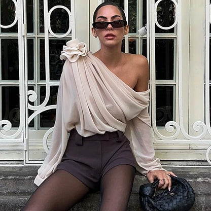 Ondine - Top in chiffon asimmetrico con maniche lunghe per la primavera, con spalla scoperta, per donne