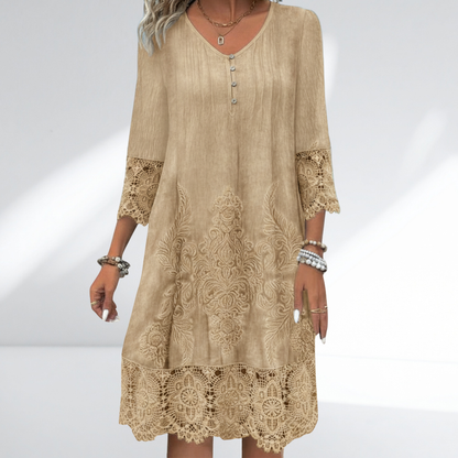 Abito midi elegante con pizzo per donne – Vestito estivo morbido con scollatura a V e design ornamentale