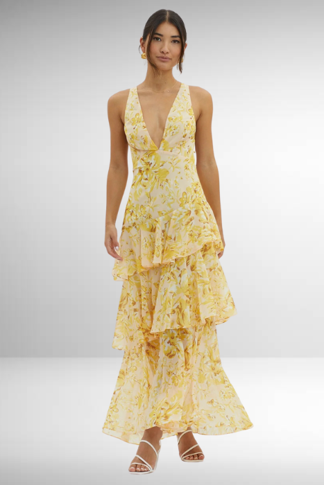 Abito Maxi Fluttuante con Volant e Profondo Scollatura a V per Donne – Elegante Abito Estivo con Dettaglio sulla Schiena