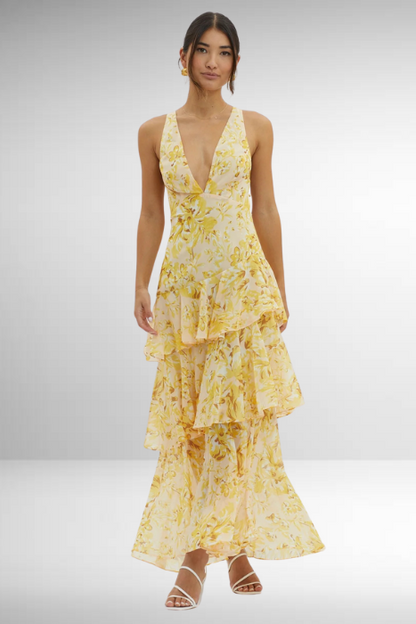 Abito Maxi Fluttuante con Volant e Profondo Scollatura a V per Donne – Elegante Abito Estivo con Dettaglio sulla Schiena