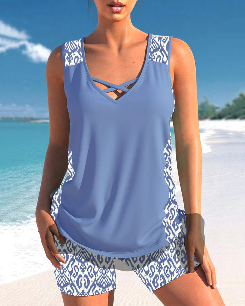 Completo da spiaggia per donne – Set tankini senza maniche con motivo etnico e pantaloni shorts comodi