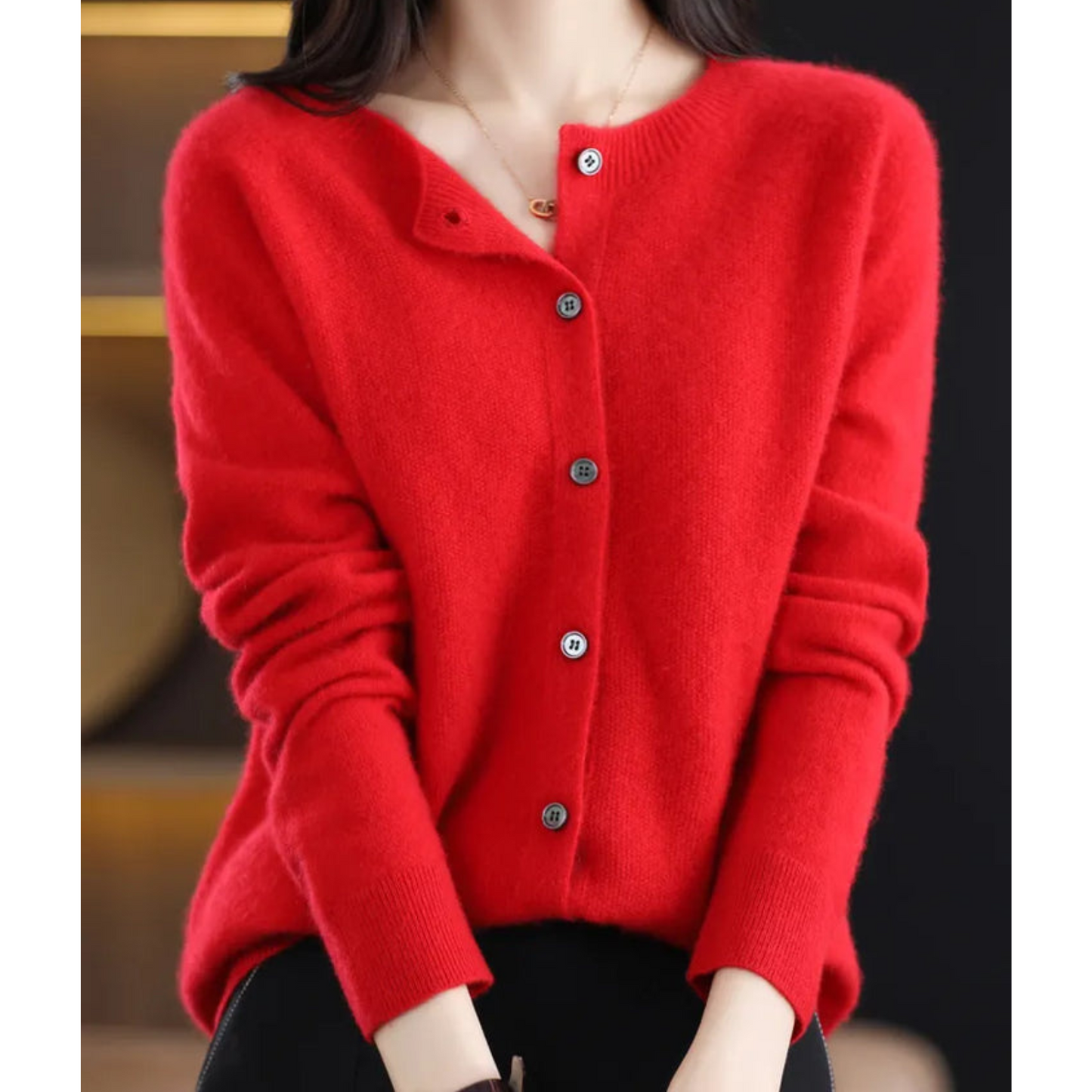 Bérélie - Cardigan da donna con scollo a barca in pura lana merino, stile cashmere, monocolore