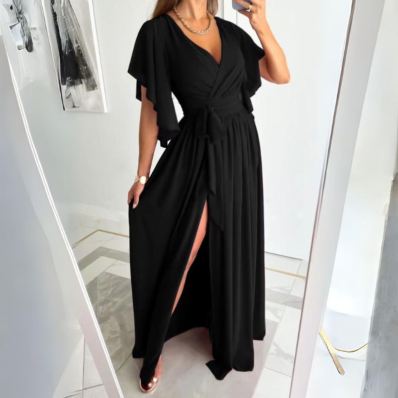 Belloria - Abito Chic da Donna con Maniche a Campana | Monocromatico, Taglio Ampio, Scollo a V, Lunghezza Midi