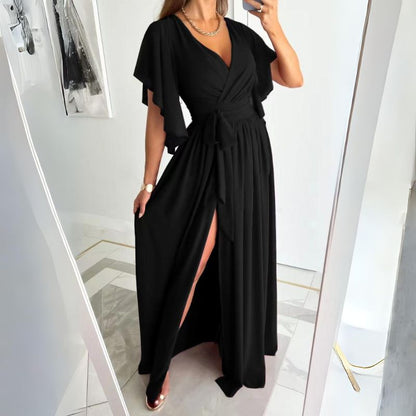 Belloria - Abito Chic da Donna con Maniche a Campana | Monocromatico, Taglio Ampio, Scollo a V, Lunghezza Midi