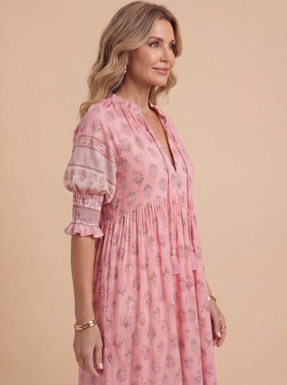 Abito Midi Boho con Stampa per Donne – Abito Estivo Leggero con Scollatura a V e Dettagli a Volant