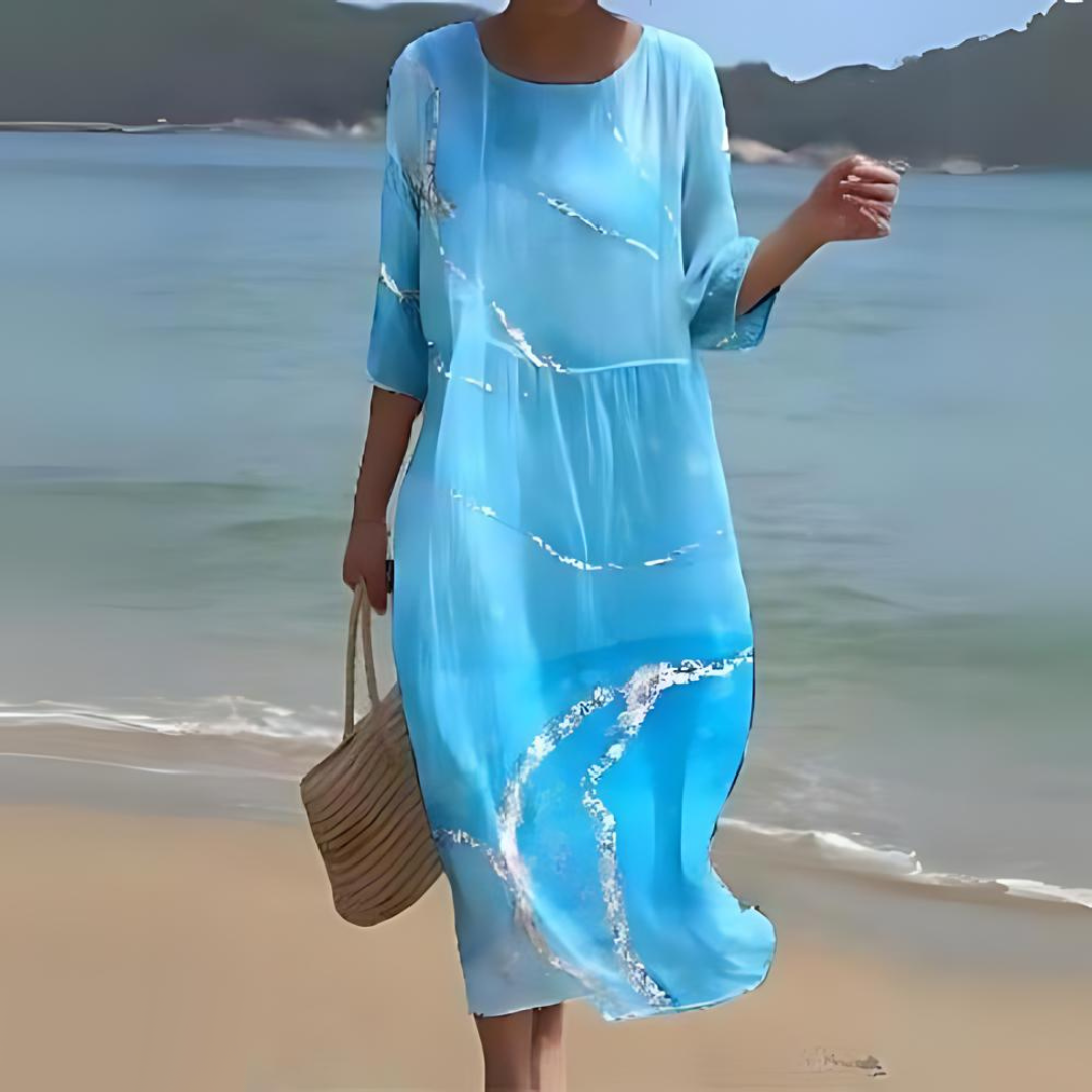 Briselle - Abito Maxy Elegante e Leggero con Stampa Floreale e Maniche a Tre Quarti