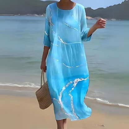 Briselle - Abito Maxy Elegante e Leggero con Stampa Floreale e Maniche a Tre Quarti