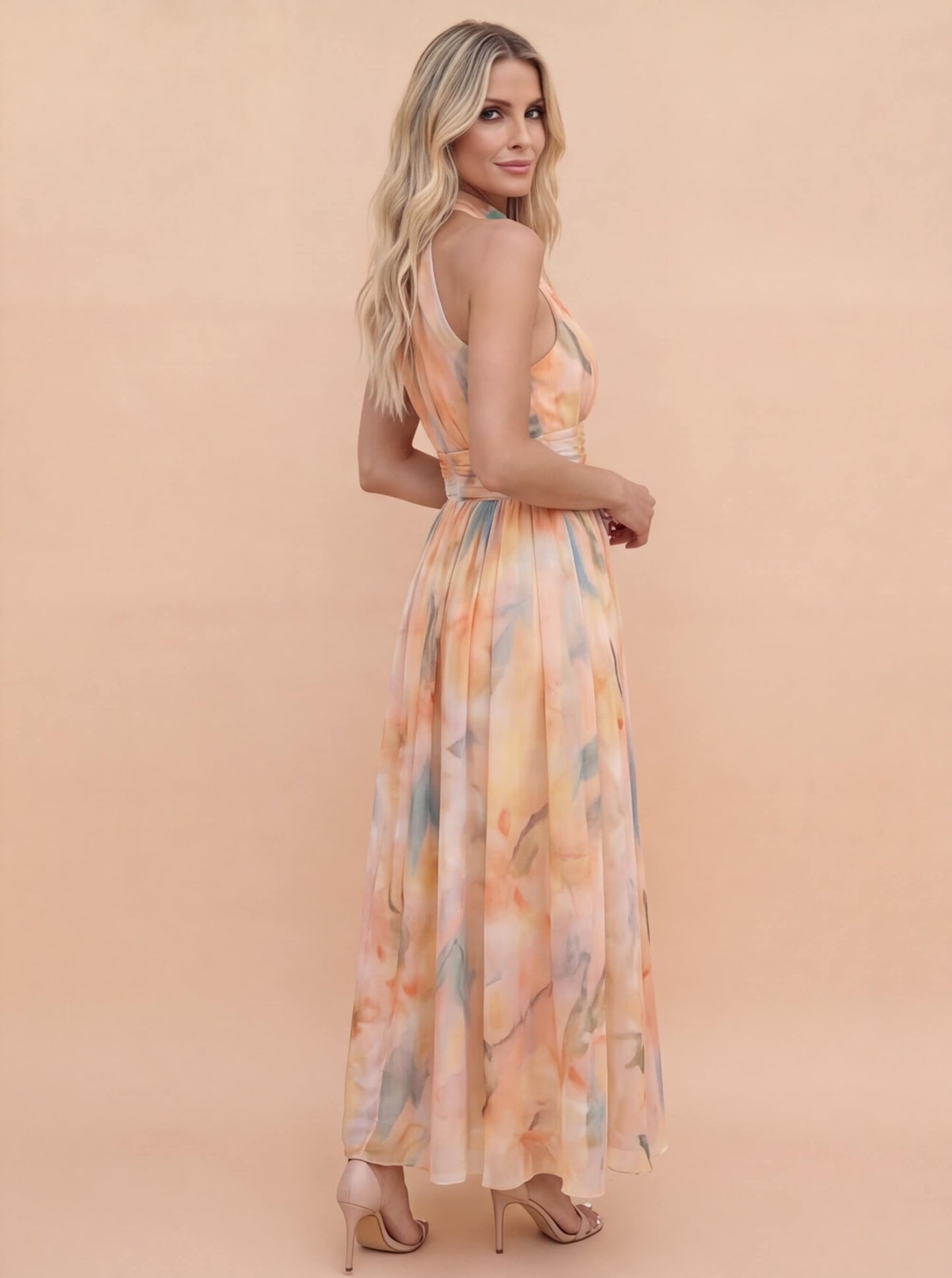 Elegante Maxikleid für Damen – Luftiges Sommerkleid mit Halterneck & fließendem Fall