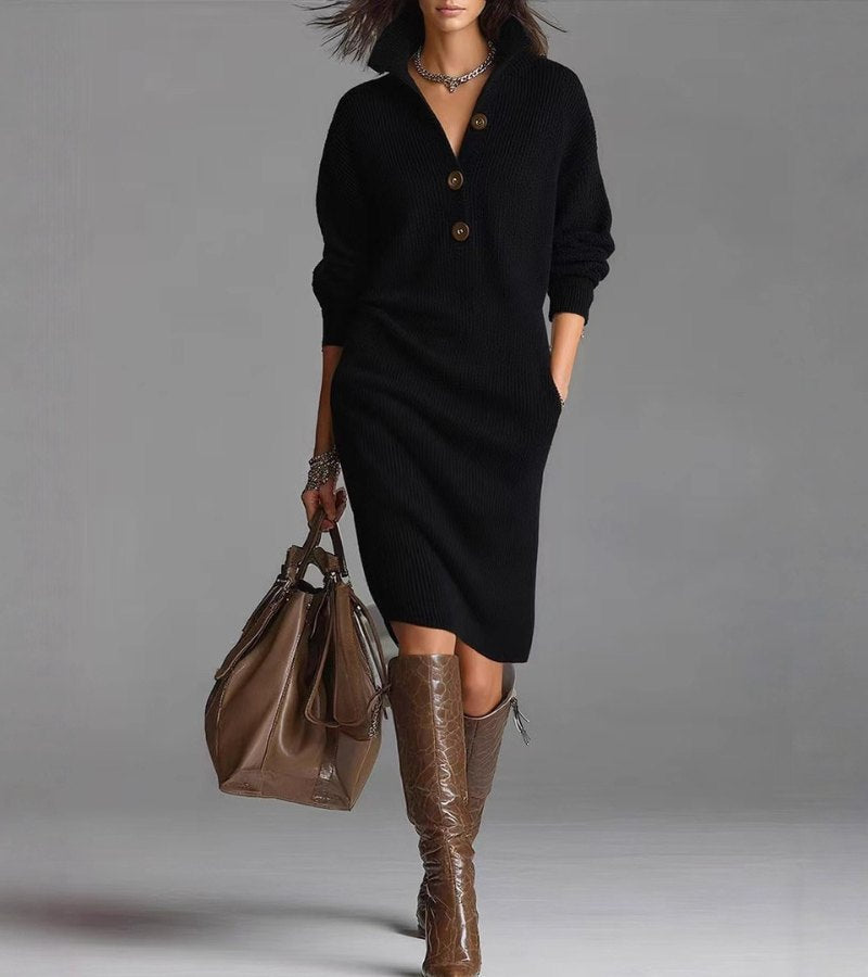 Elva - Abito camicia midi in morbida e comoda lana per donne, alla moda, con maniche lunghe e colletto a bottoni, ideale per la primavera