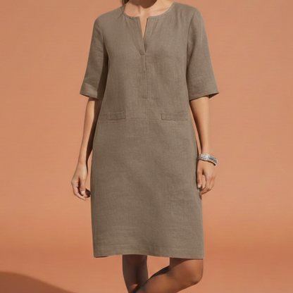 Vestito in lino semplice per donne – Abito estivo leggero con maniche a metà e scollo a V