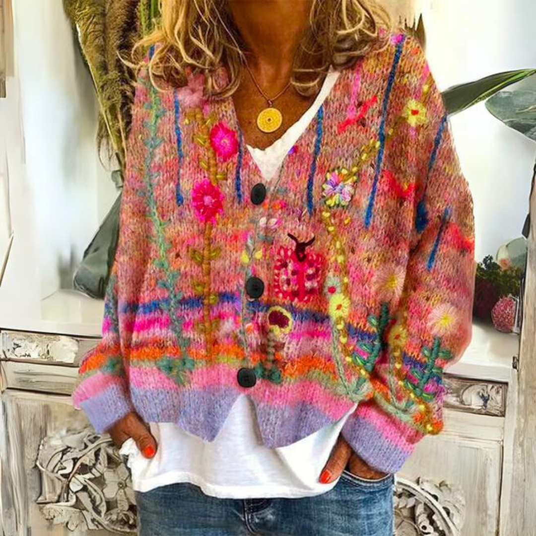 Giacca a maglia Boho per donne con motivo floreale colorato – Cardigan morbido con scollo a V per look quotidiani eleganti